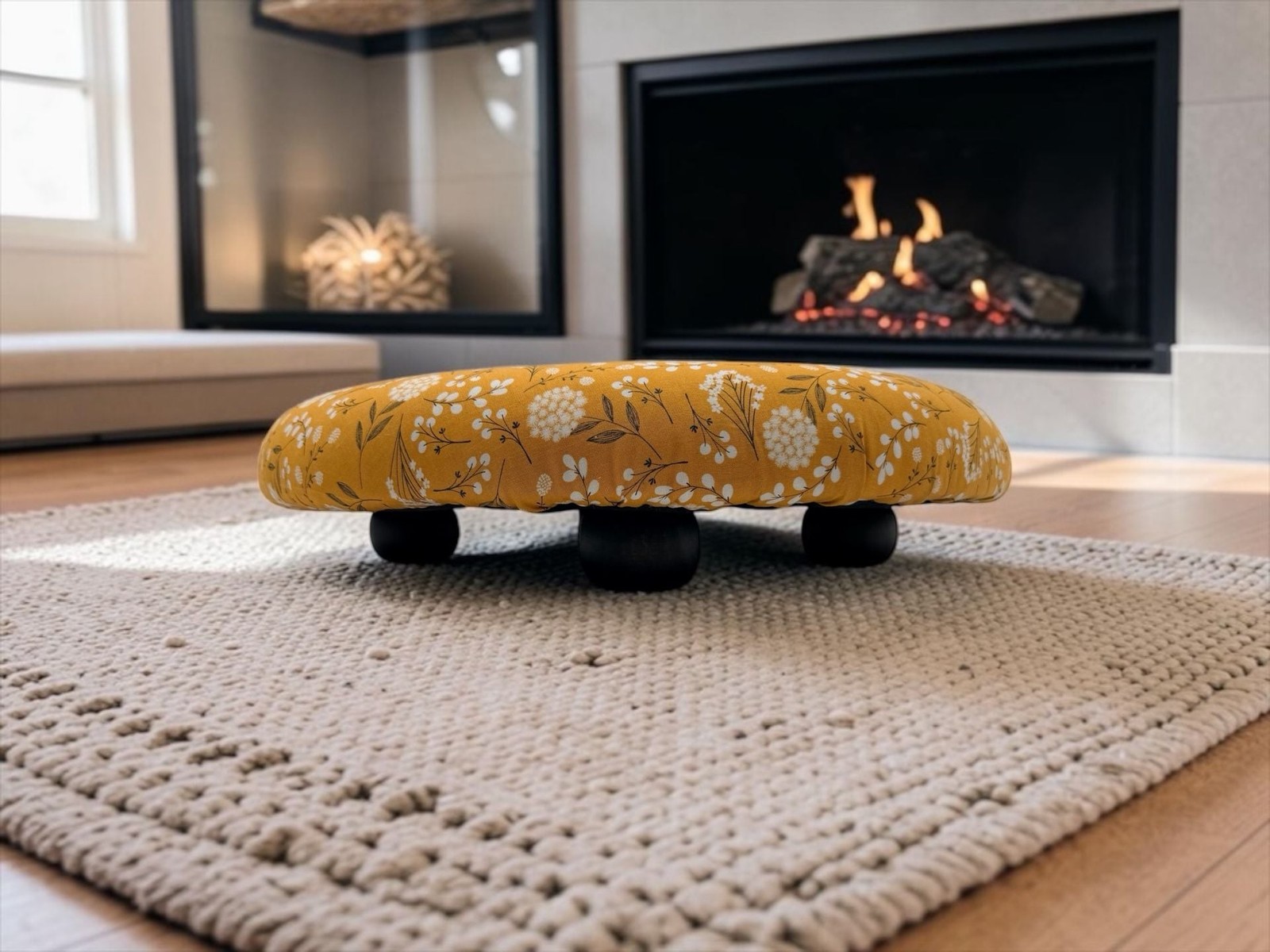 Mustard Yellow Floral Print Round Tufted Floor Cushion hand made. Mustard Yellow Floral Print Round Tufted Floor Cushion hand made.