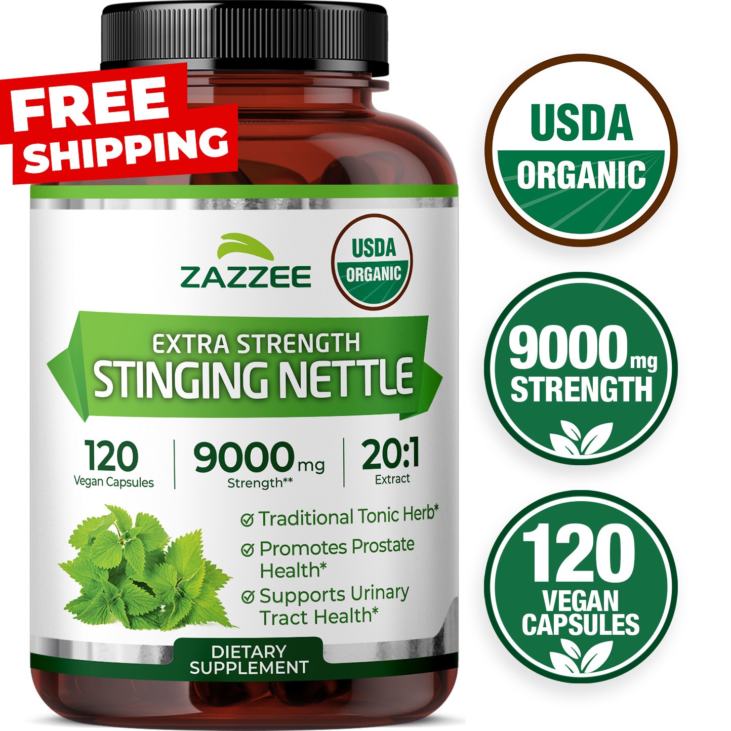 USDA Organic Stinging Nettle 20:1 Extract, 9000 mg Strength, 120 Vegan Capsules