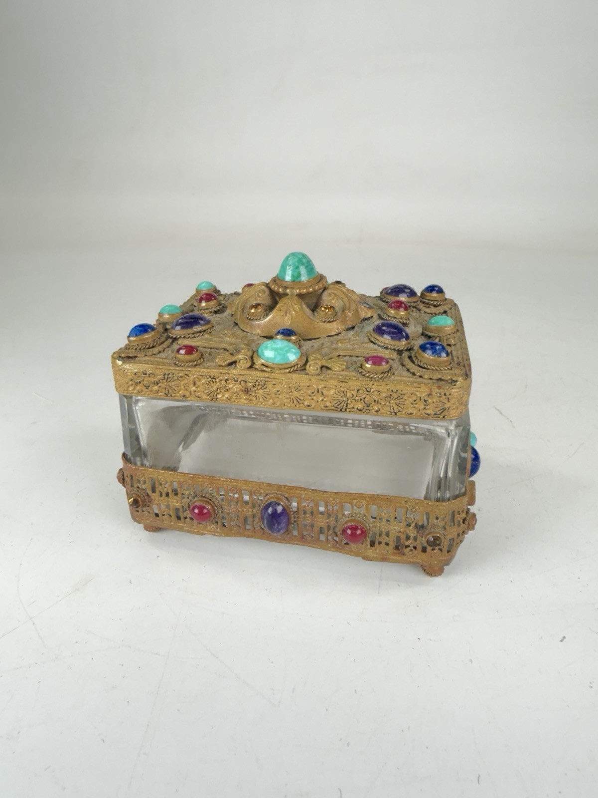 1880-1920 Antique Czechoslovakian Jewelry & Trinket Box Jewel Encrusted Bronze