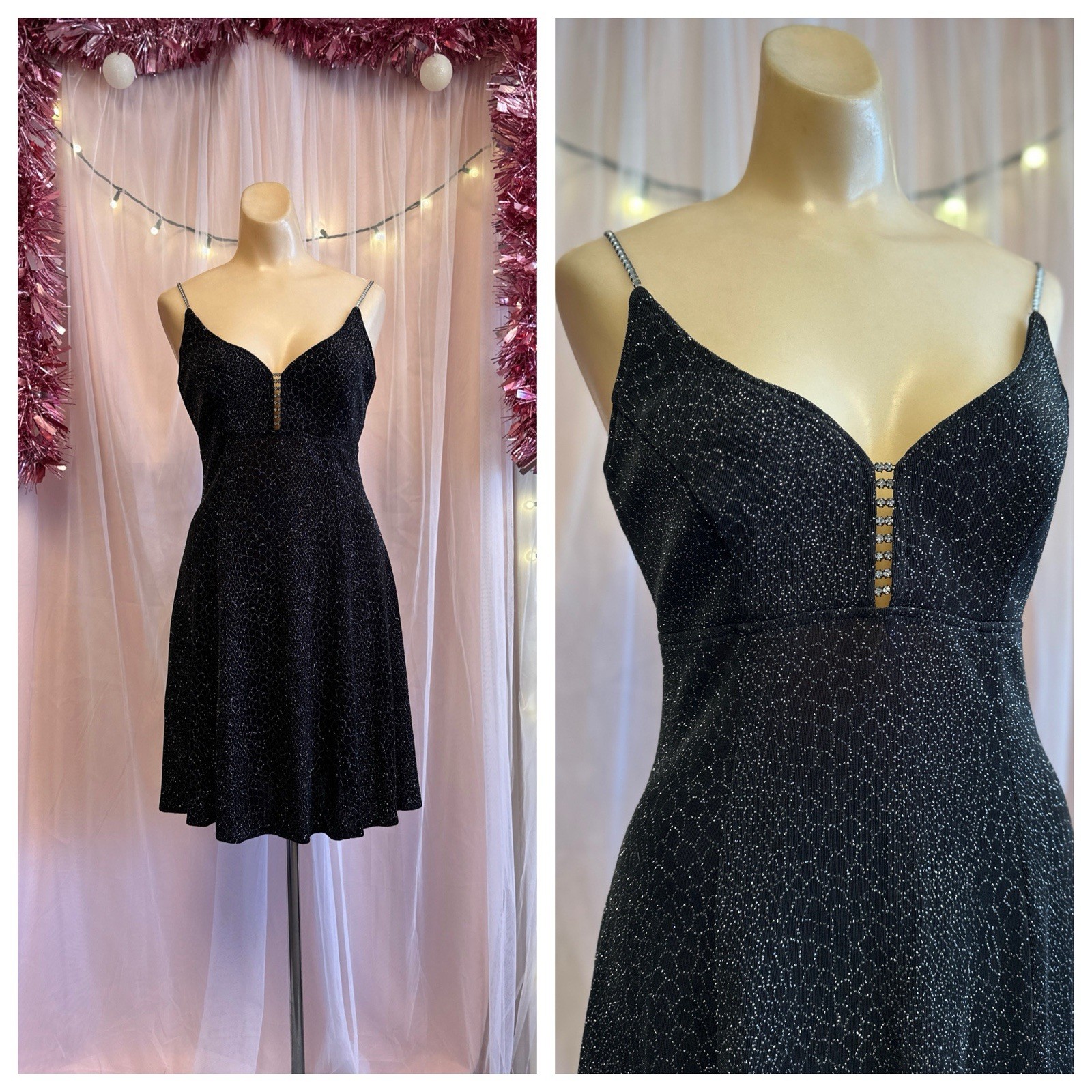 Vintage 90s Black Shimmy Mini Dress Strappy Flowy Whimsy Fairy Whimsygoth S