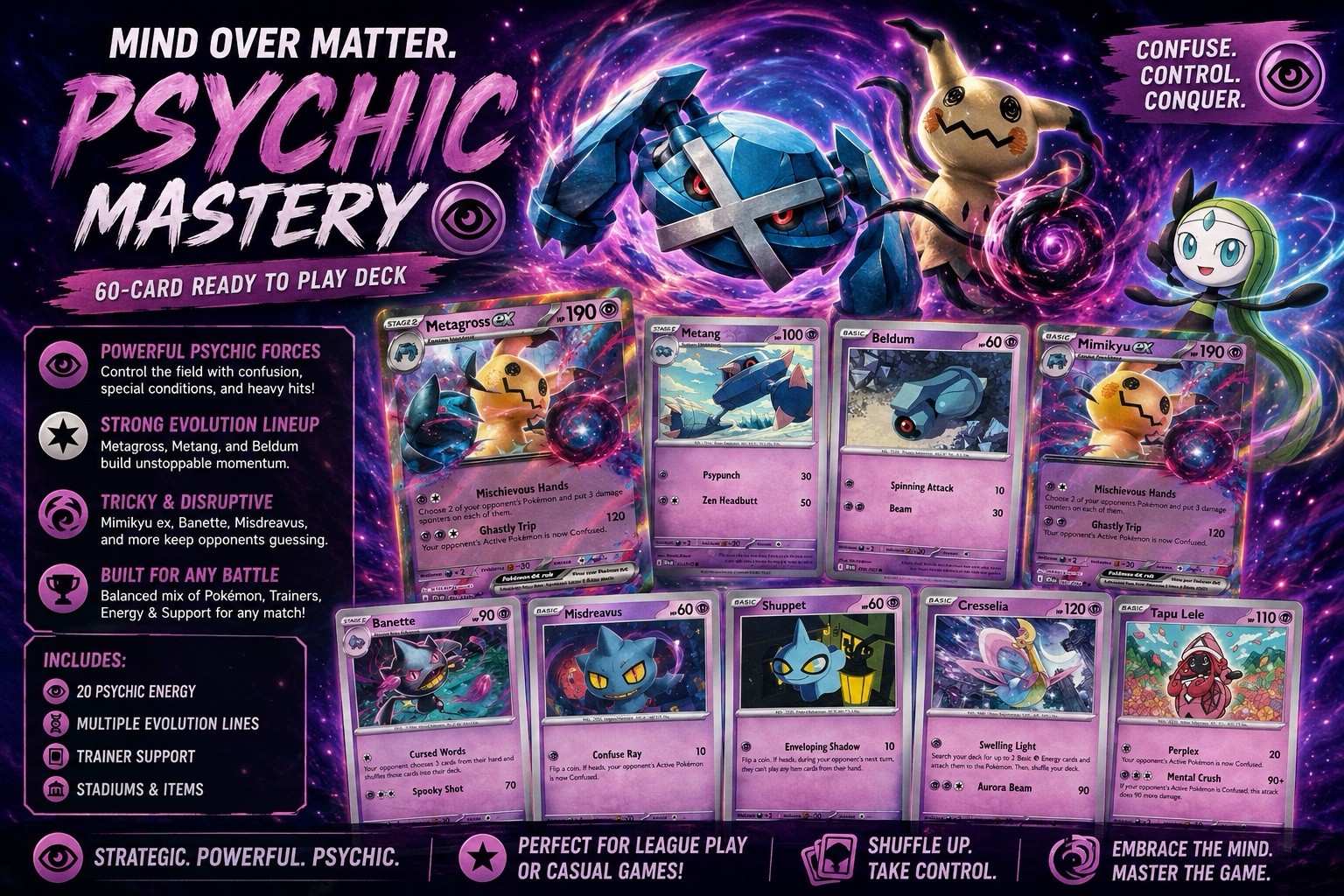 Pokemon TCG Psychic Deck Ready to Play Mimikyu ex Metagross Banette Meloetta