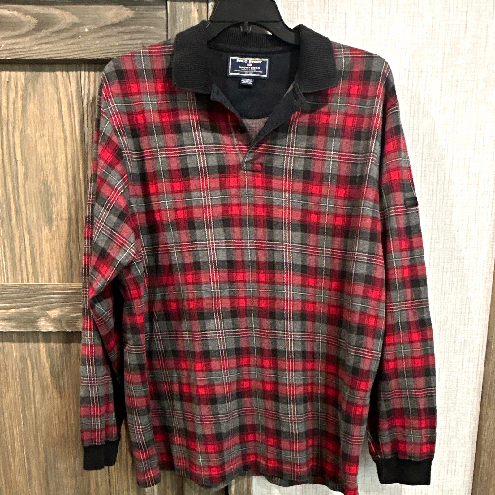 Polo Sport Men\'s XL Plaid Long Sleeve Polo Shirt Red/Black/Gray