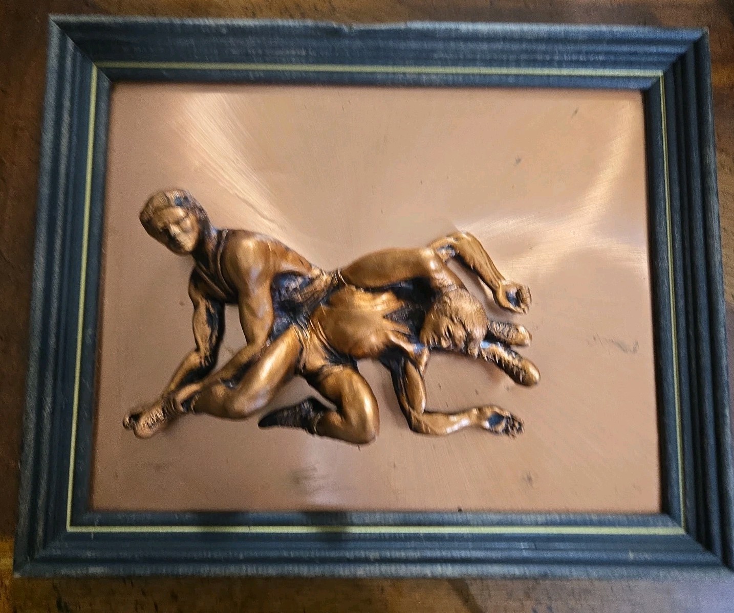 Vintage 3D Copper Wrestling Plaque - Framed Relief - Greco Roman Wrestlers - Mid