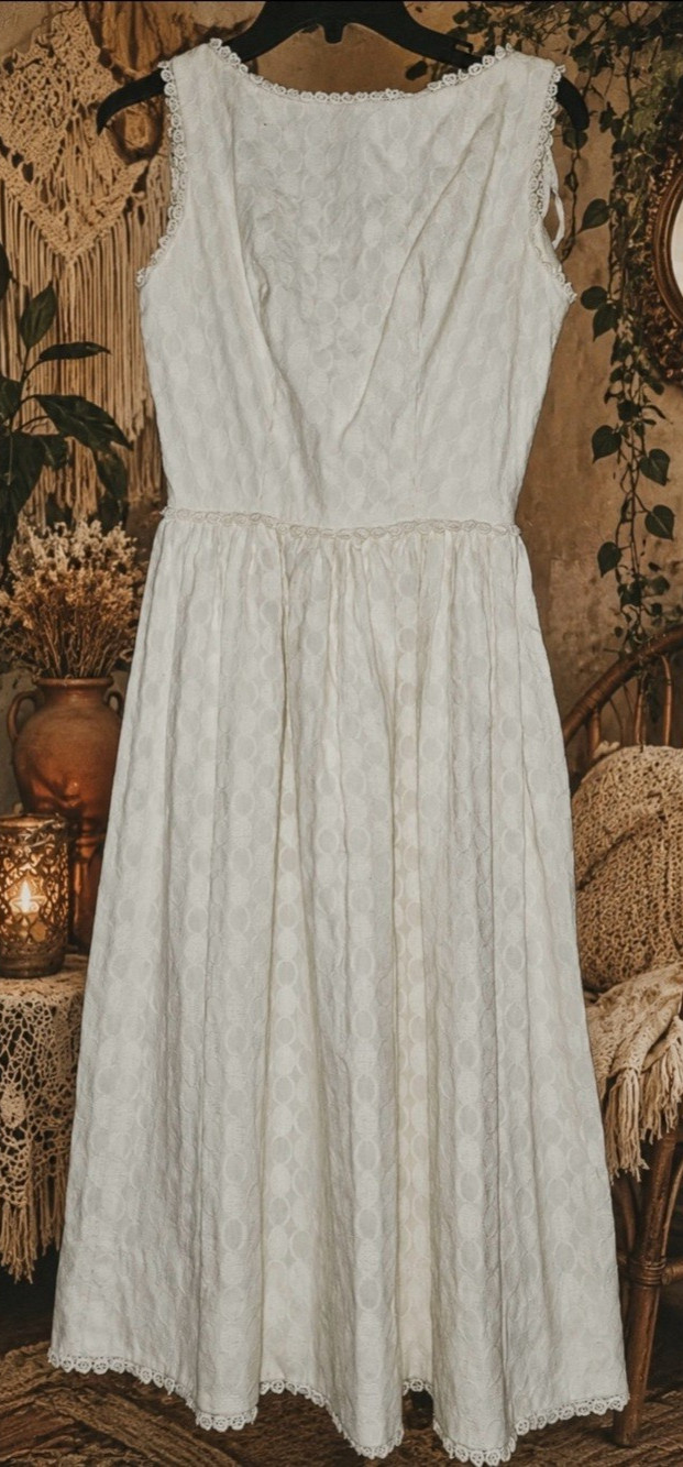 Vintage 60s Maggi Maid of Lucerne swiss white Jacquard Fit & Flare Dress XS Vintage 60s Maggi Maid of Lucerne swiss white Jacquard Fit & Flare Dress XS