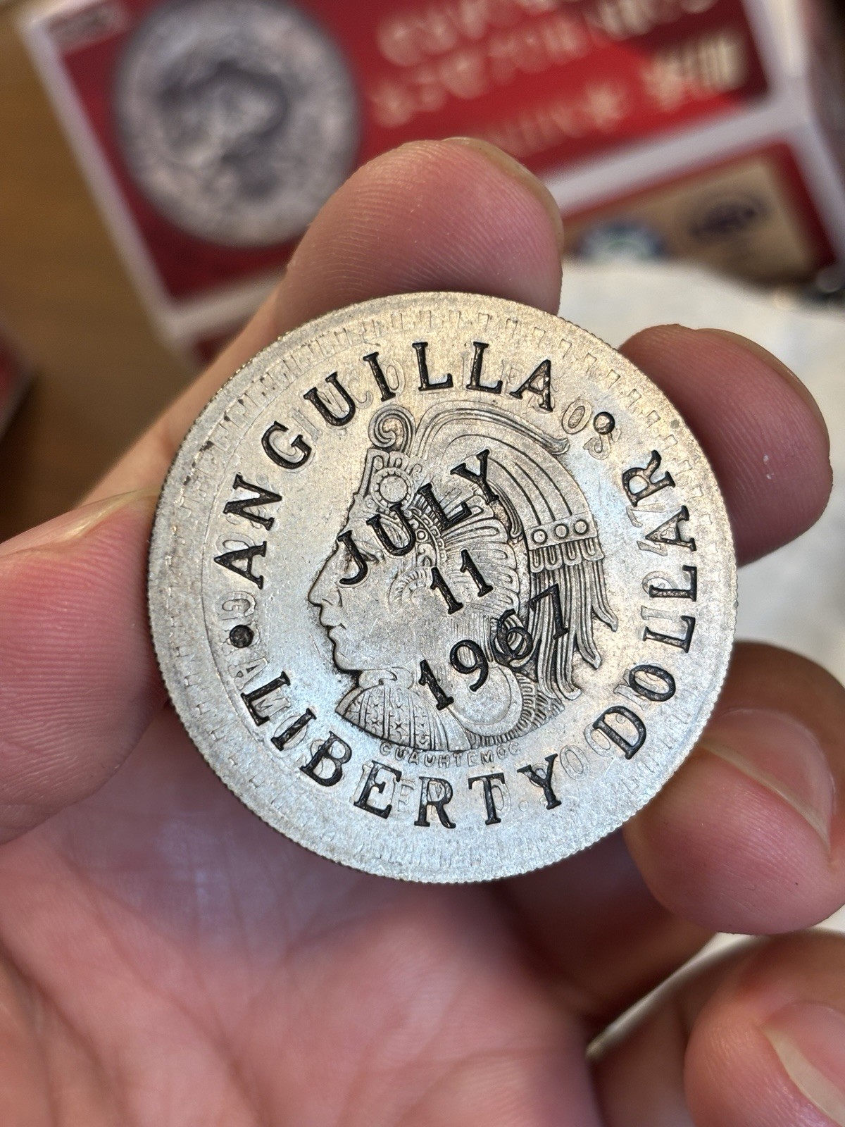 ANGUILLA LIBERTY DOLLAR 1967 C/S ON MEXICO 5 PESOS Countermark Silver Coin