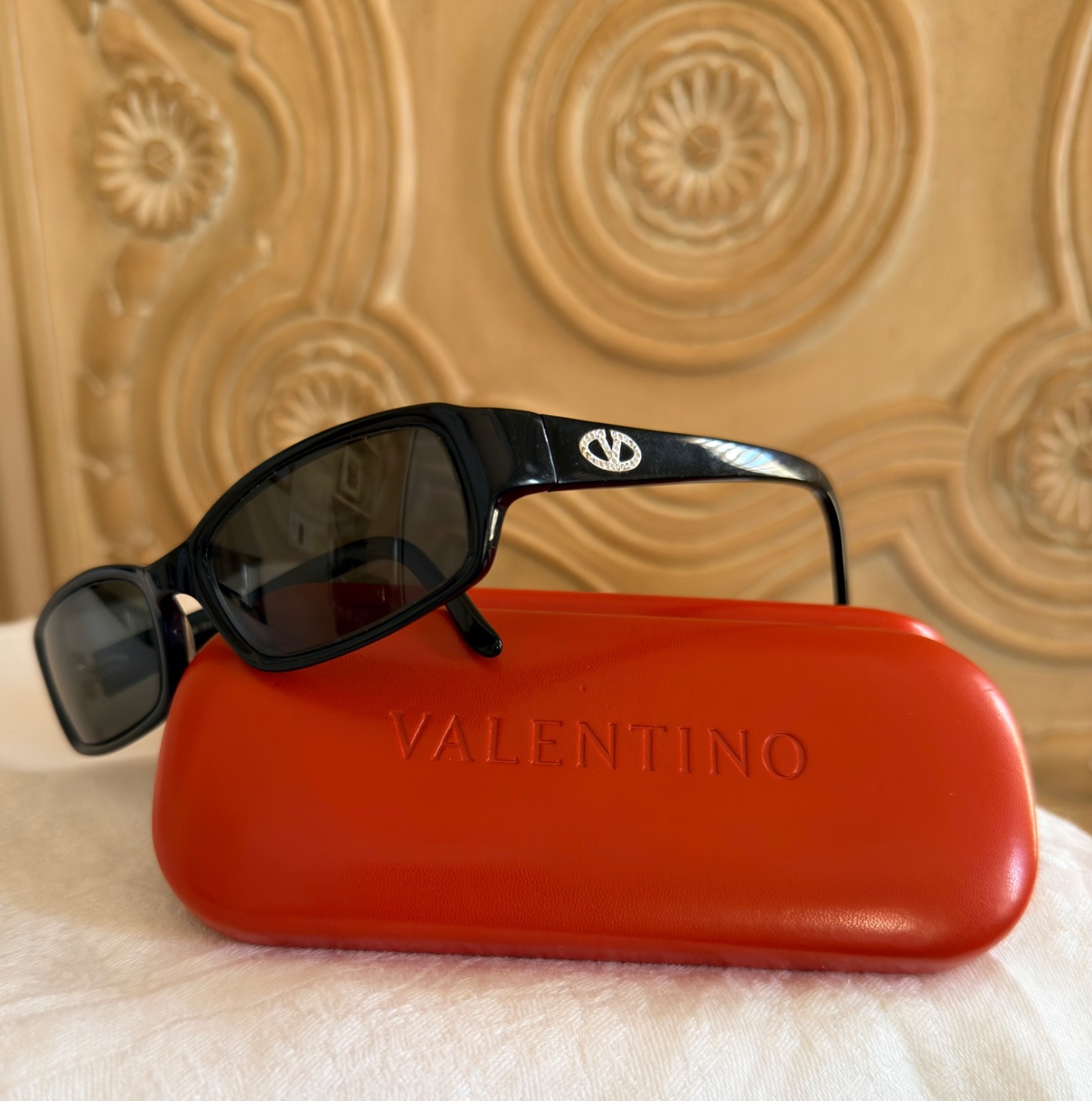 VALENTINO vintage Sunglasses Rhinestone Accent Black 90s Rectangle Red Case