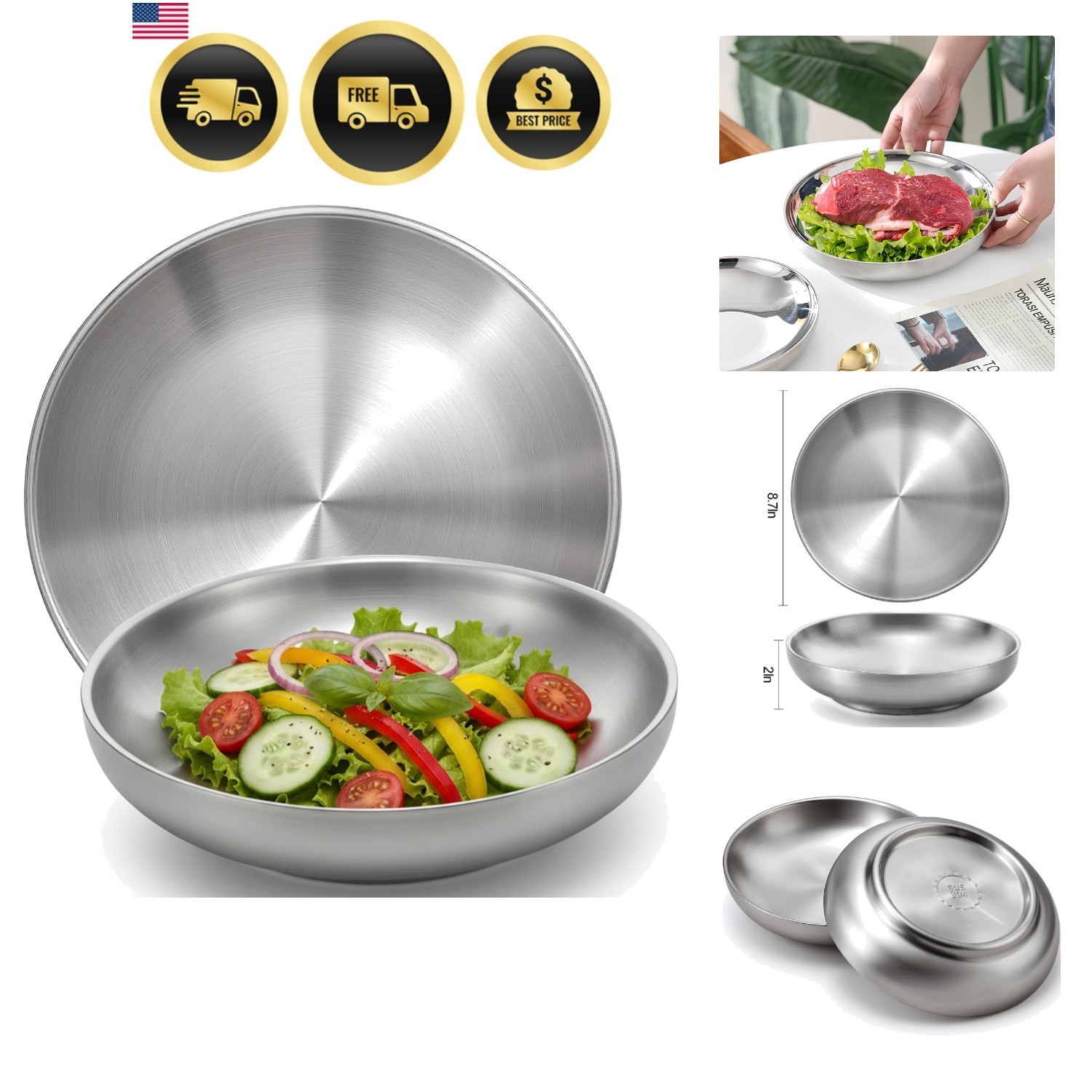 2 Pack Double Layered 304 Stainless Steel Dinner Plate, 8.7\ 2 Pack Double Layered 304 Stainless Steel Dinner Plate, 8.7\