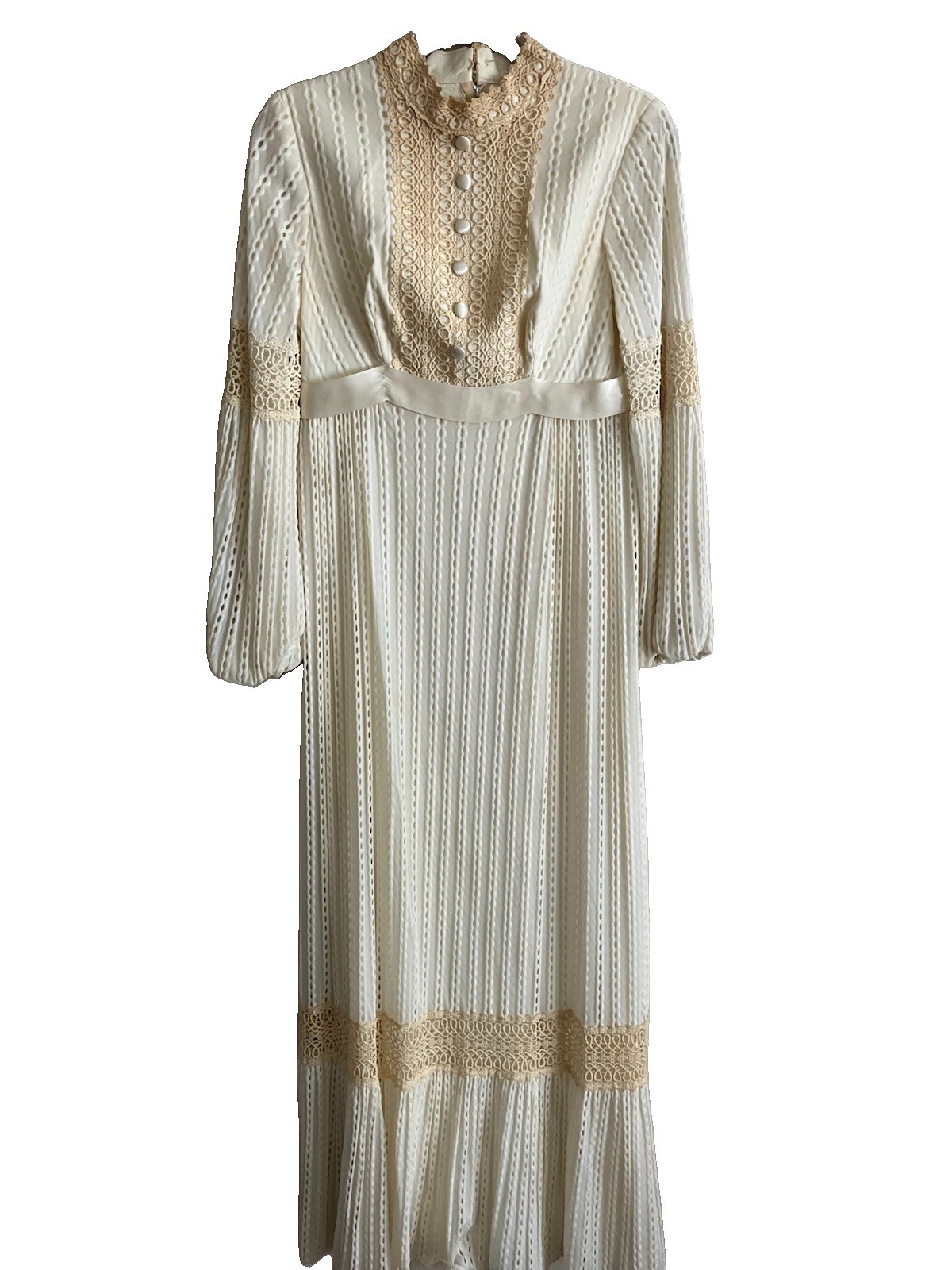 Vtg 1970s Victorian Boho Lace Maxi Wedding Dress Bridal Gown Small