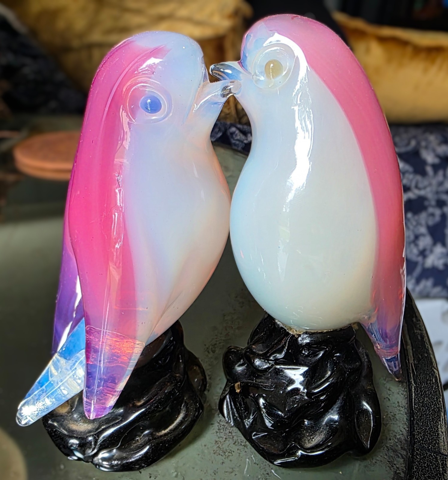 Vintage Seguso Murano White Pink Italian Opaline Art Glass Bird Figurines 4.75\