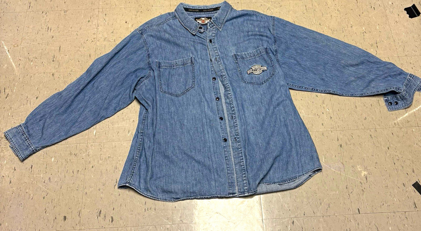 Harley-Davidson Men’s XL Blue Denim Long Sleeve Button-Up Shirt Embroidered