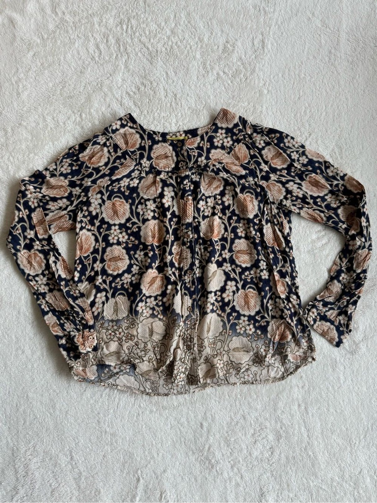 Maeve Anthropologie Floral Woodblock Blouse Navy Tan Boho S