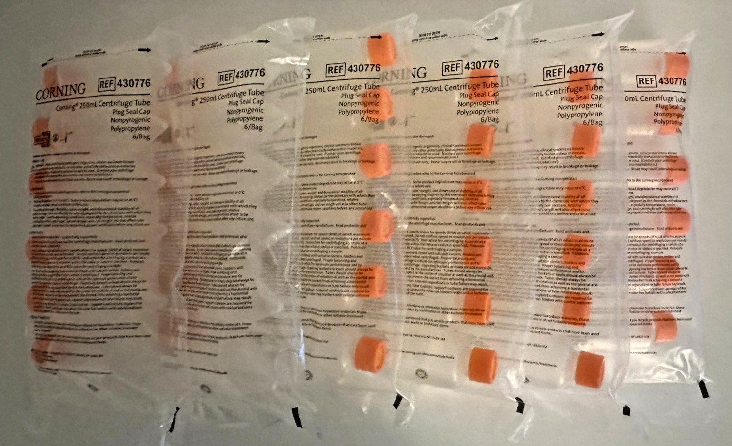 Corning 430776 250mL Sterile Centrifuge Tubes 6 Bags of 6 Lot of 36