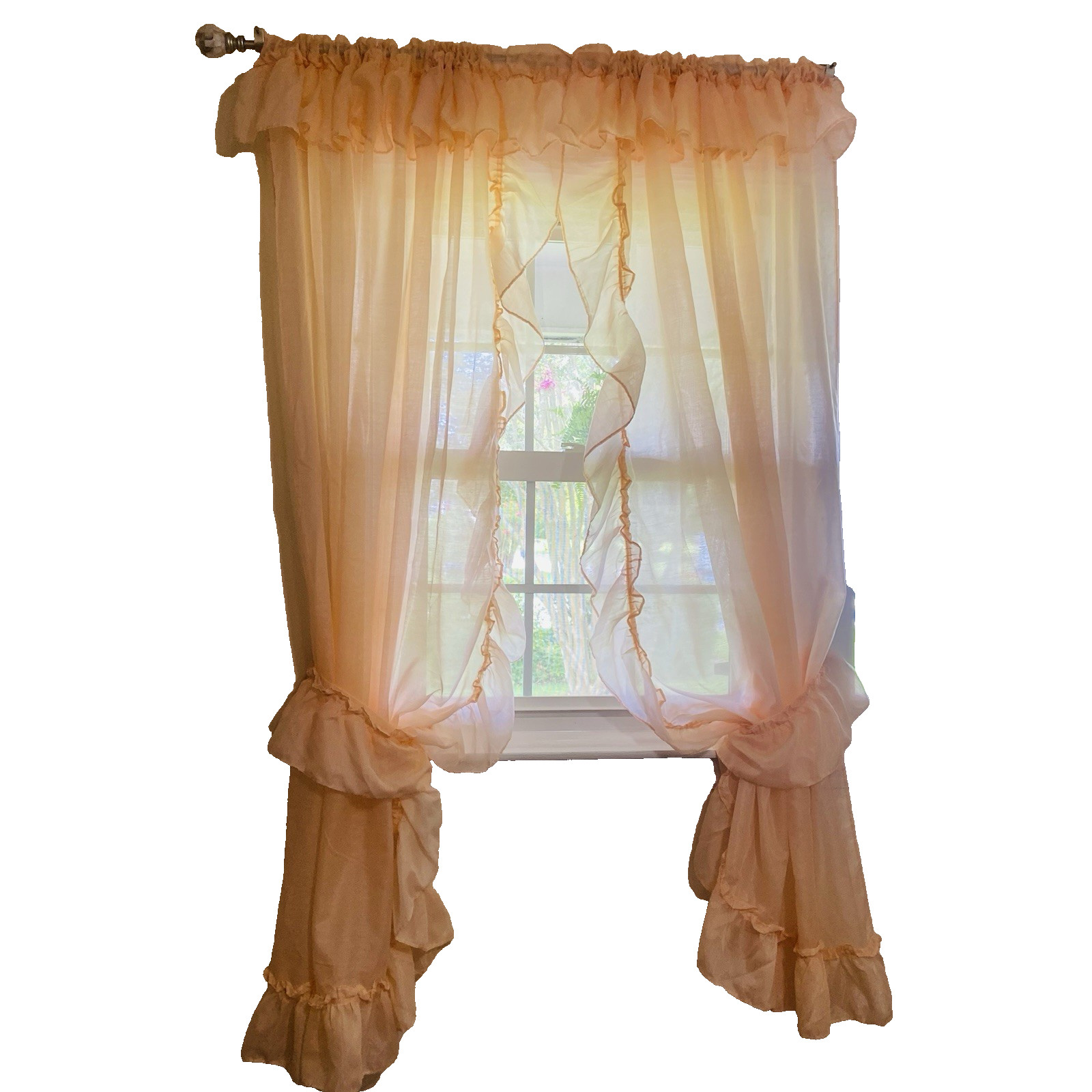 Vintage Peach Prissy Curtain Panels Ruffles Light Sheer 2 Panels With Tie Backs