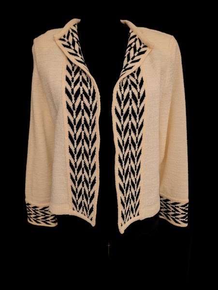 Vintage Koret Open Front Cardigan Sweater Petite Medium Cream Black Chevron Knit