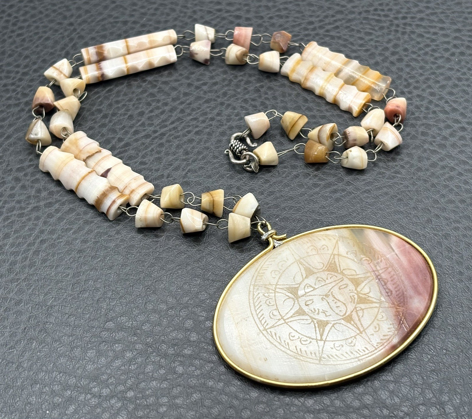 VTG Carved Mayan Aztec Sun Calendar Pendant Necklace Striped Agate ~ 24” READ VTG Carved Mayan Aztec Sun Calendar Pendant Necklace Striped Agate ~ 24” READ