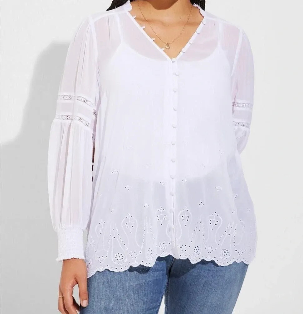 Torrid Blouse Womens 2X White Chiffon Eyelet Embroidered Button Tunic Boho NWT
