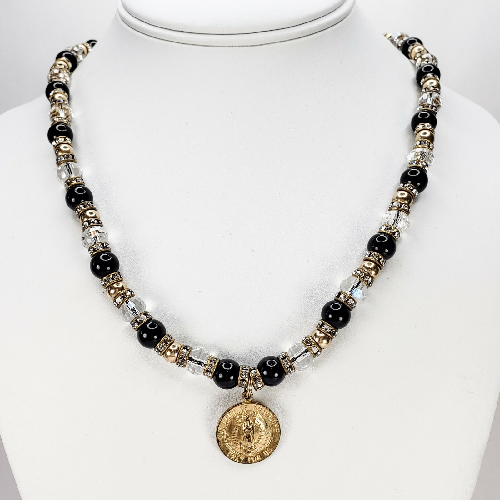 Our Lady of Guadalupe Necklace 14KT Gold Filled with Faceted Glass Beads 19 In Our Lady of Guadalupe Necklace 14KT Gold Filled with Faceted Glass Beads 19 In