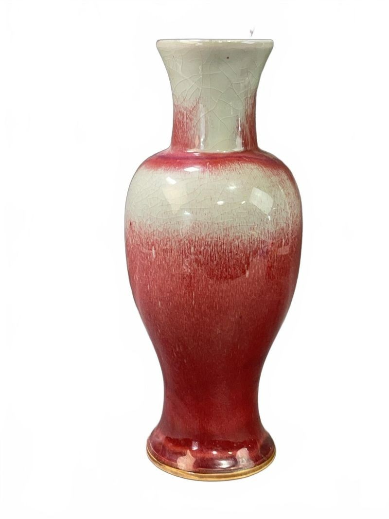 Vintage Chinese Porcelain Vase Langyao w Ox-Blood Red White Crackle Glaze 14\