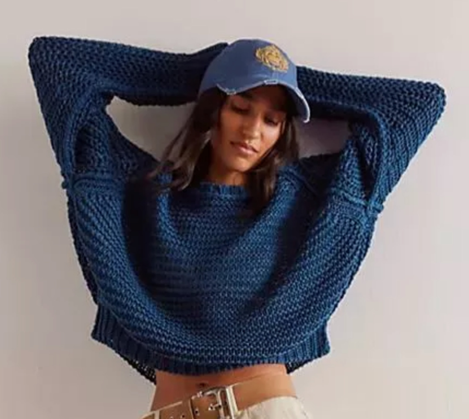 NEW FREE PEOPLE WE THE FREE MAJOLICA BLUE ESSENTIAL KNIT LINEN CREW SWEATER SZ S