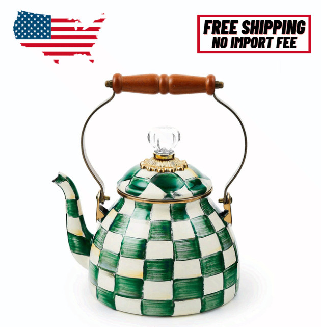 MacKenzie-Childs Emerald Check 2 Quart Tea Kettle, No Import Fee