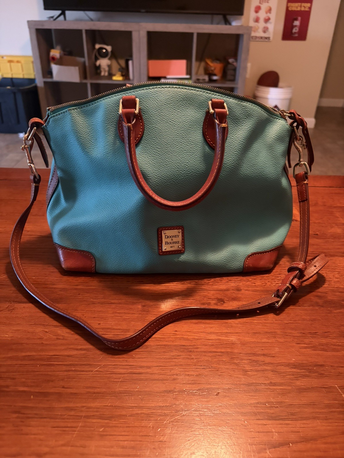 Dooney & Bourke Teal Brown Pebbled Satchel Top Handle Zip Gold Hardware Pockets