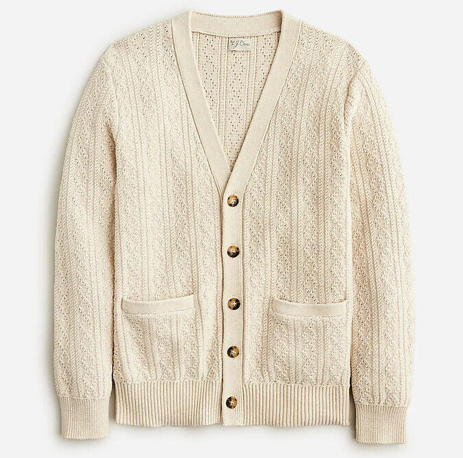 NWT J Crew Heritage Cotton Pointelle-Stitch Button Cardigan Cream Ivory Sweater