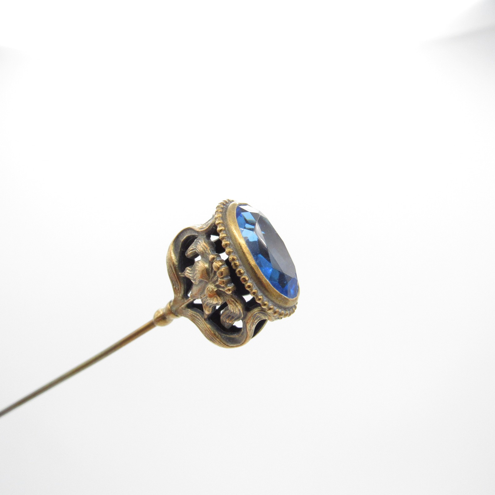 Antique Hatpin Blue Oval Stone with Art Nouveau Brass Setting Hat Pin
