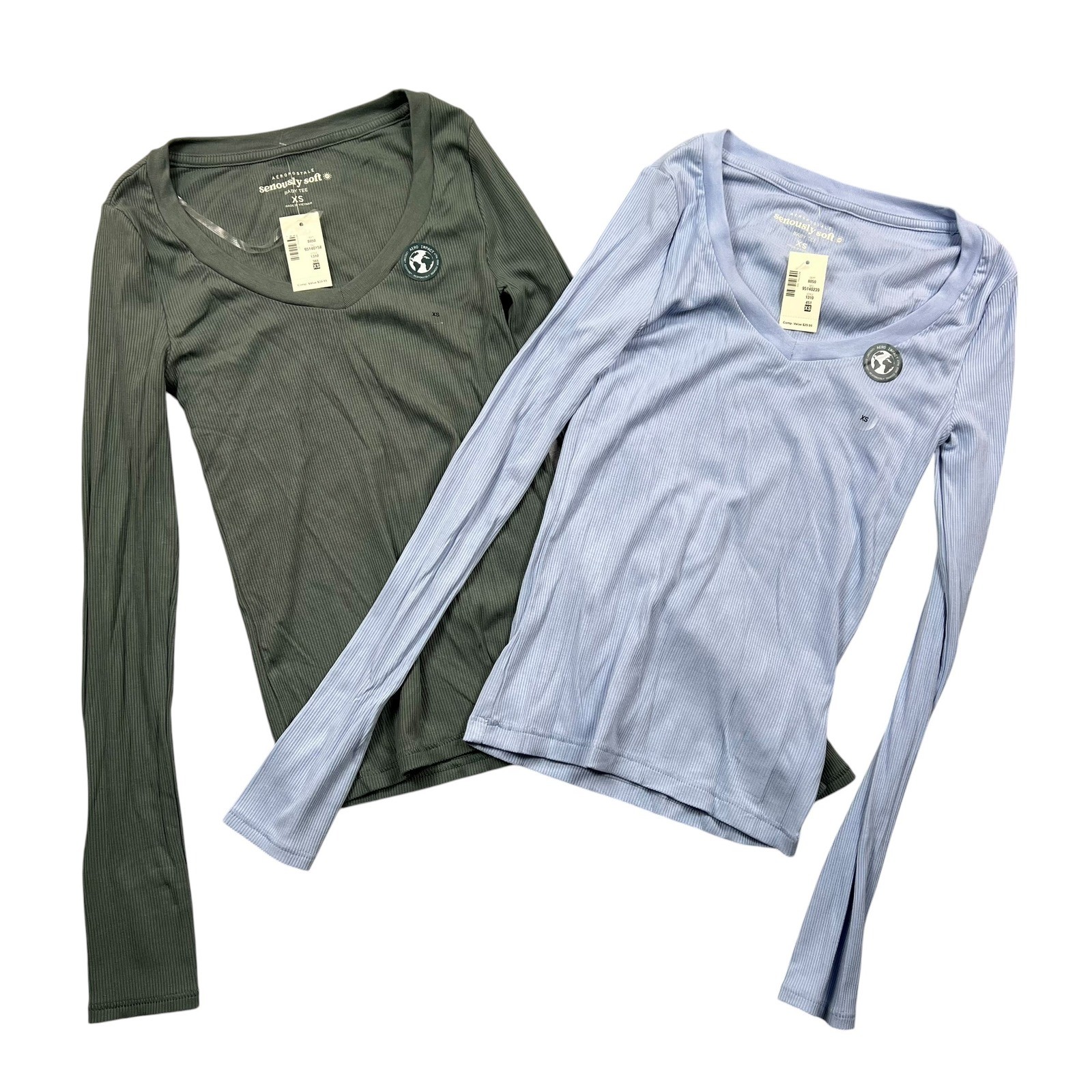 Aeropostale Baby Tee Womens XS Green Blue Ribbed Long Sleeve V-Neck 2pk NWT