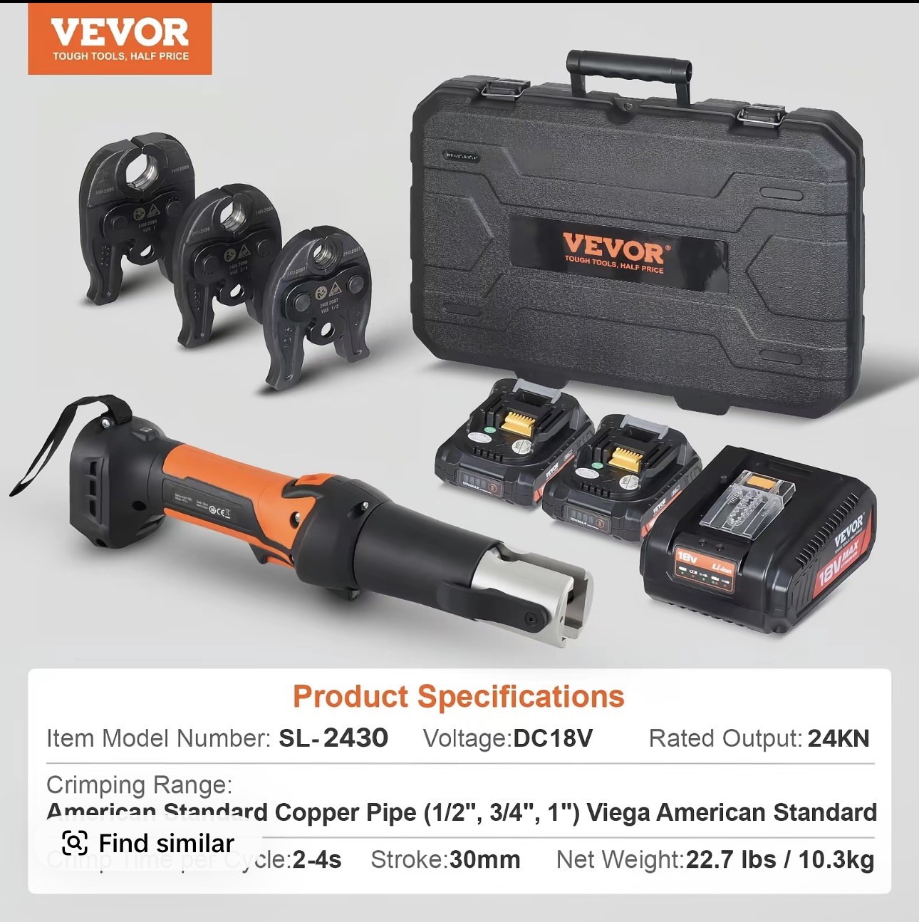 VEVOR Press Tool 18V Electric Pipe Crimping Tool Copper Pipe 24KN 3 Jaws SL-2430 VEVOR Press Tool 18V Electric Pipe Crimping Tool Copper Pipe 24KN 3 Jaws SL-2430