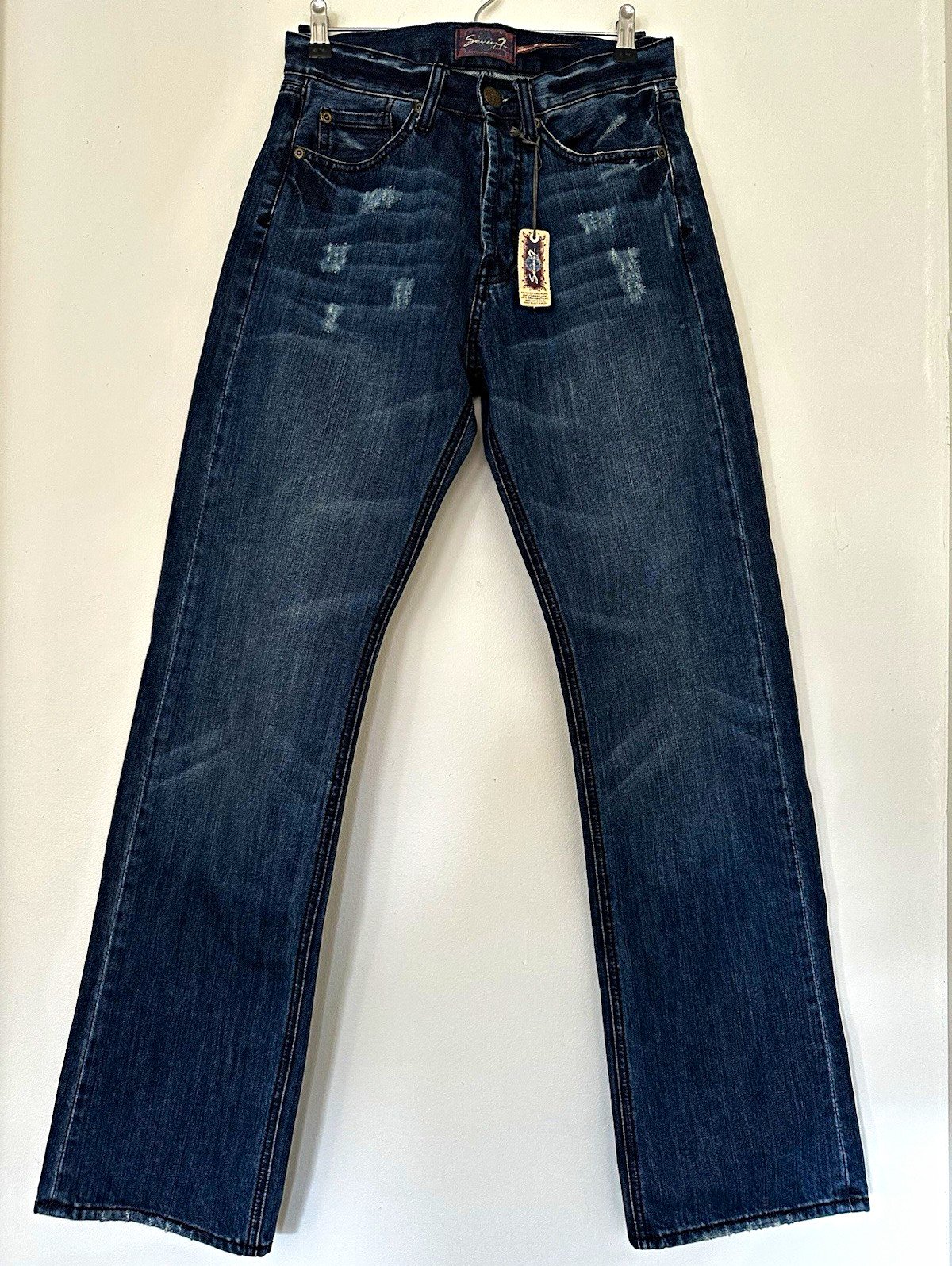Seven7 Men’s Blue Dark Wash Distressed Bootcut Jeans Regular Fit 5-Pocket