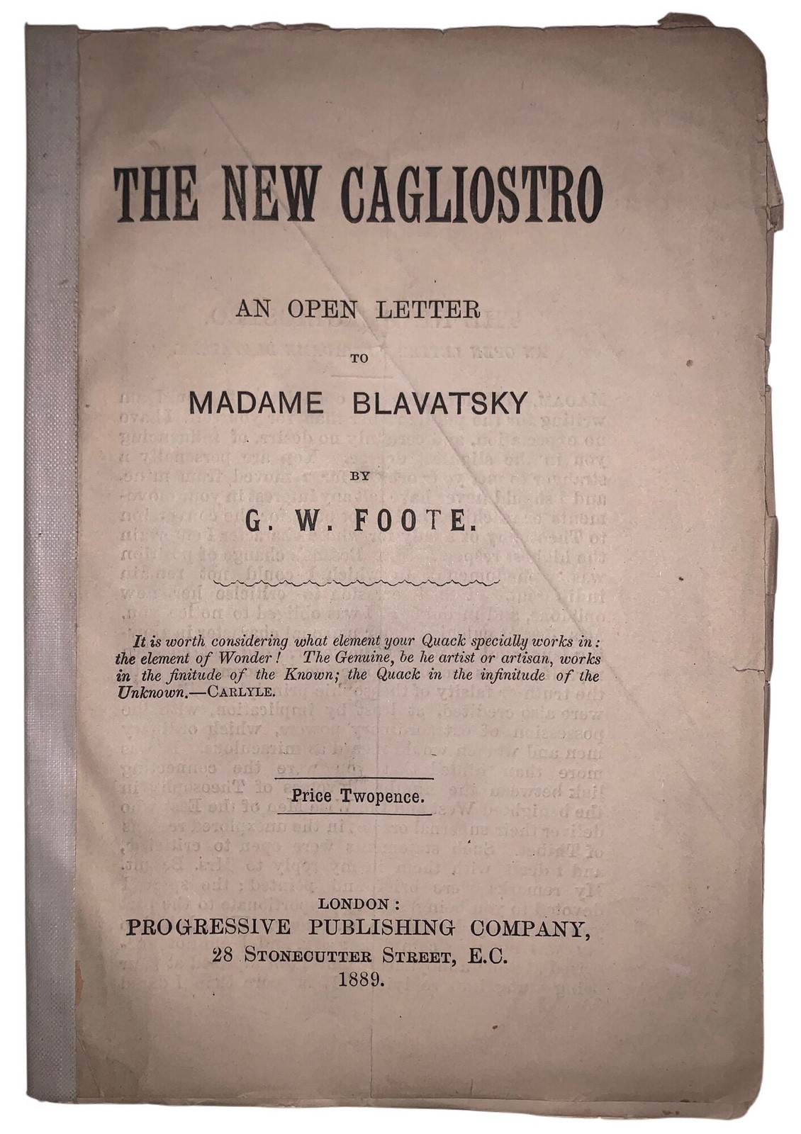 1889, 1st Ed, The New Cagliostro: An Open Letter to Madame Blavatsky, G W Foote