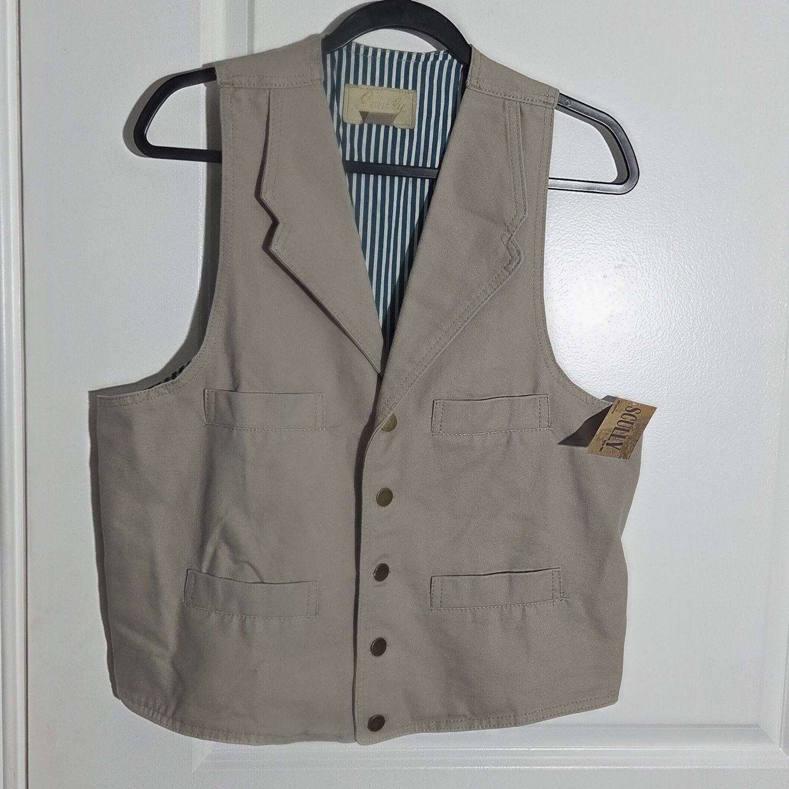 Scully Rangewear Tan Canvas Western Vest RW041 Notched Lapel Striped Lining M