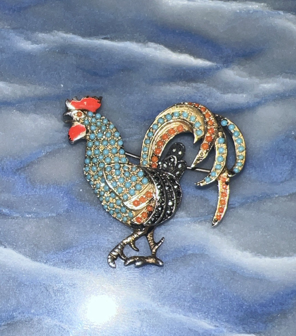 VINTAGE 1930S ART DECO PIN-MARCASITE ROOSTER BROOCH-GERMANY-STERLING-13 GRAMS VINTAGE 1930S ART DECO PIN-MARCASITE ROOSTER BROOCH-GERMANY-STERLING-13 GRAMS