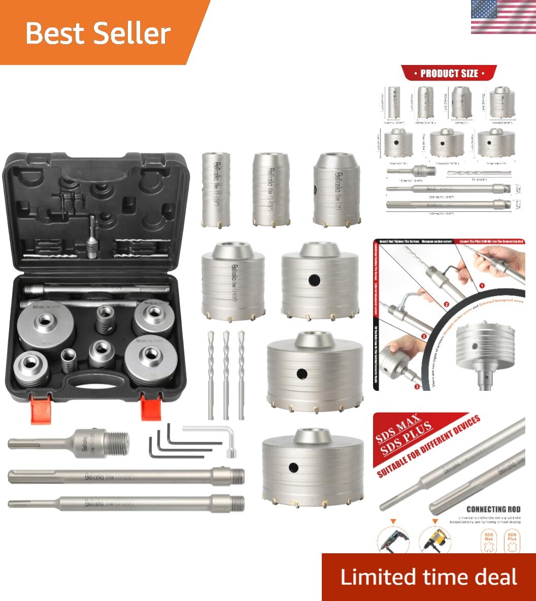 17PCS Concrete Hole Saw Kit with SDS Plus & Max Shank, Kit Size 30 40 50 65 8...