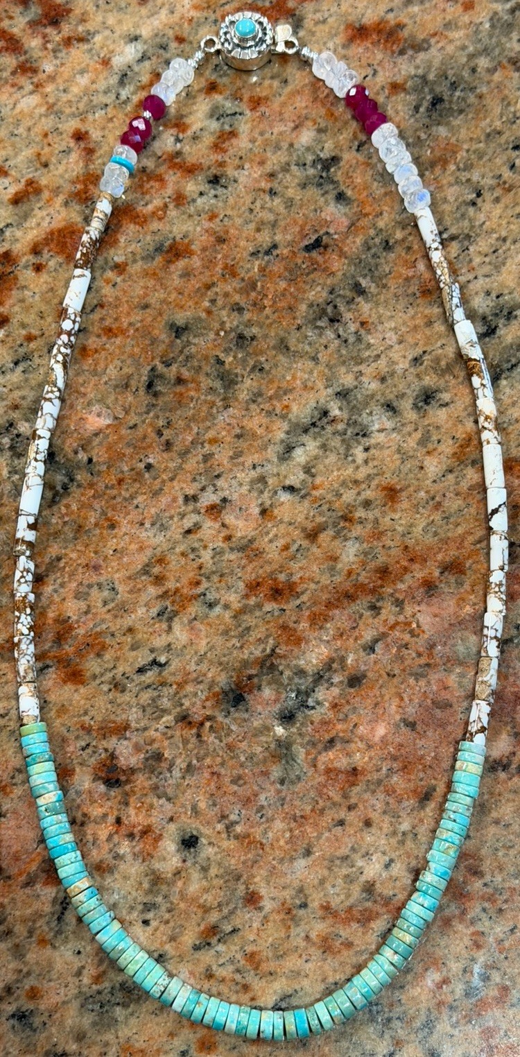 Native American Wild Horse Turquoise Necklace, Heishi,Rubies,Moonstone