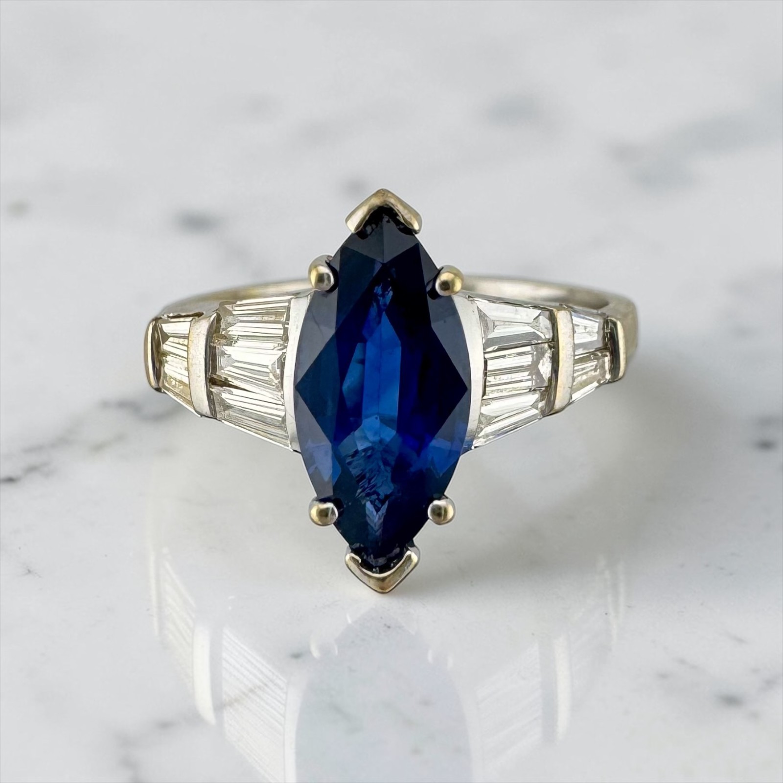 Vintage 18k White Gold Marquise Dark Blue Sapphire & Baguette Diamond Ring