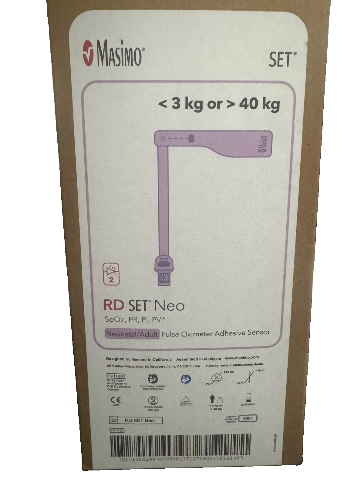 Masimo RD Set Neo Pulse Oximeter Adhesive Sensor 3kg-40kg REF 4003 Exp 2027/2028