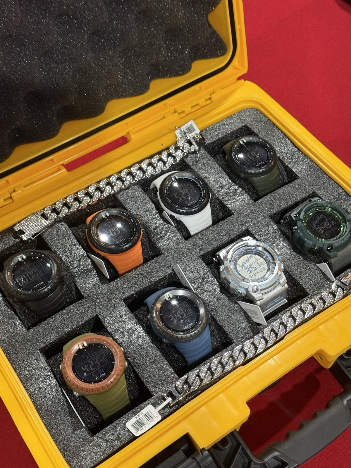 Activa x Invicta 8 Watch Lot + 2 Iced Cuban Bracelets Yellow Hard Case NEW