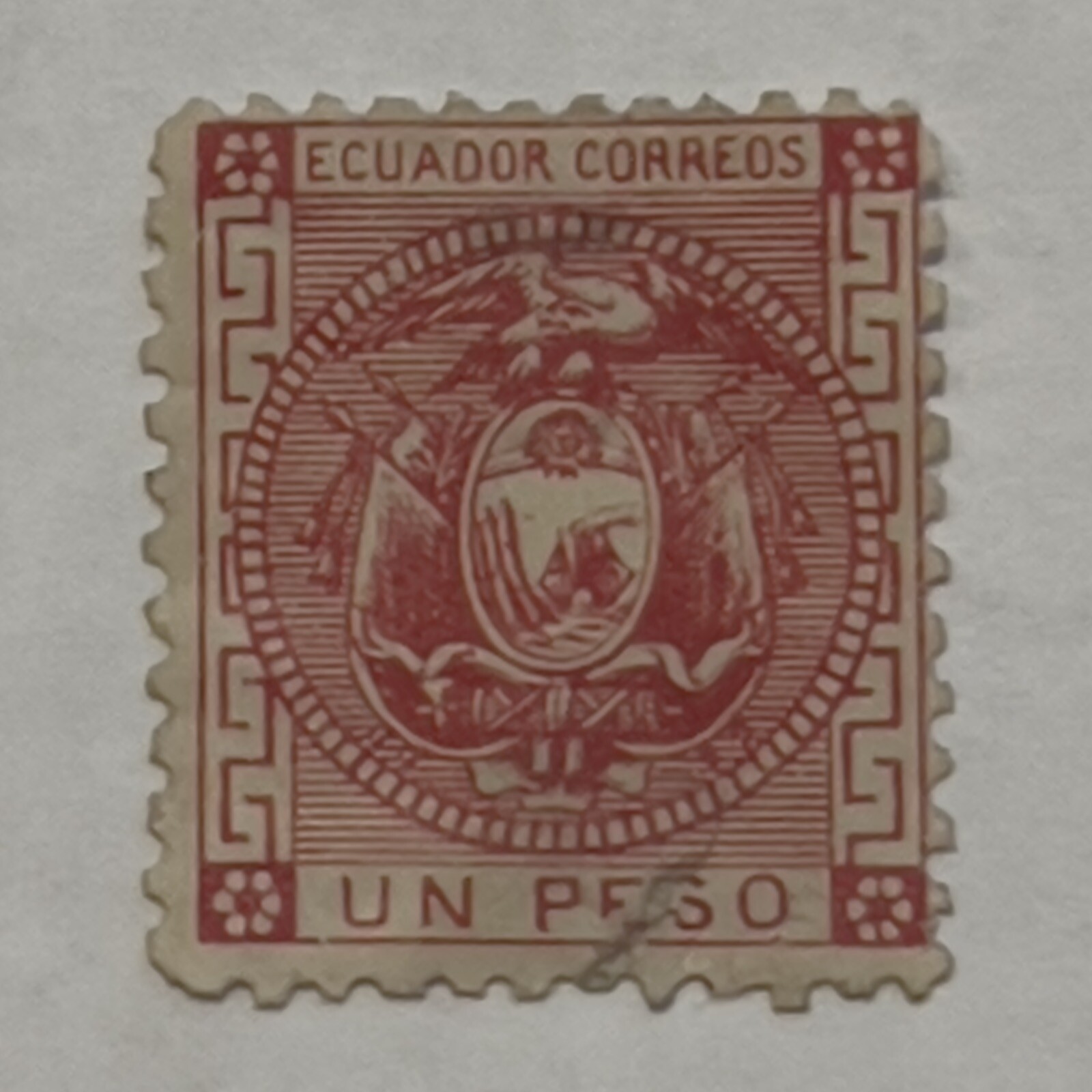 RARE 1872 ECUADOR 1 PESO STAMP #11 COAT OF ARMS PINK CARMINE