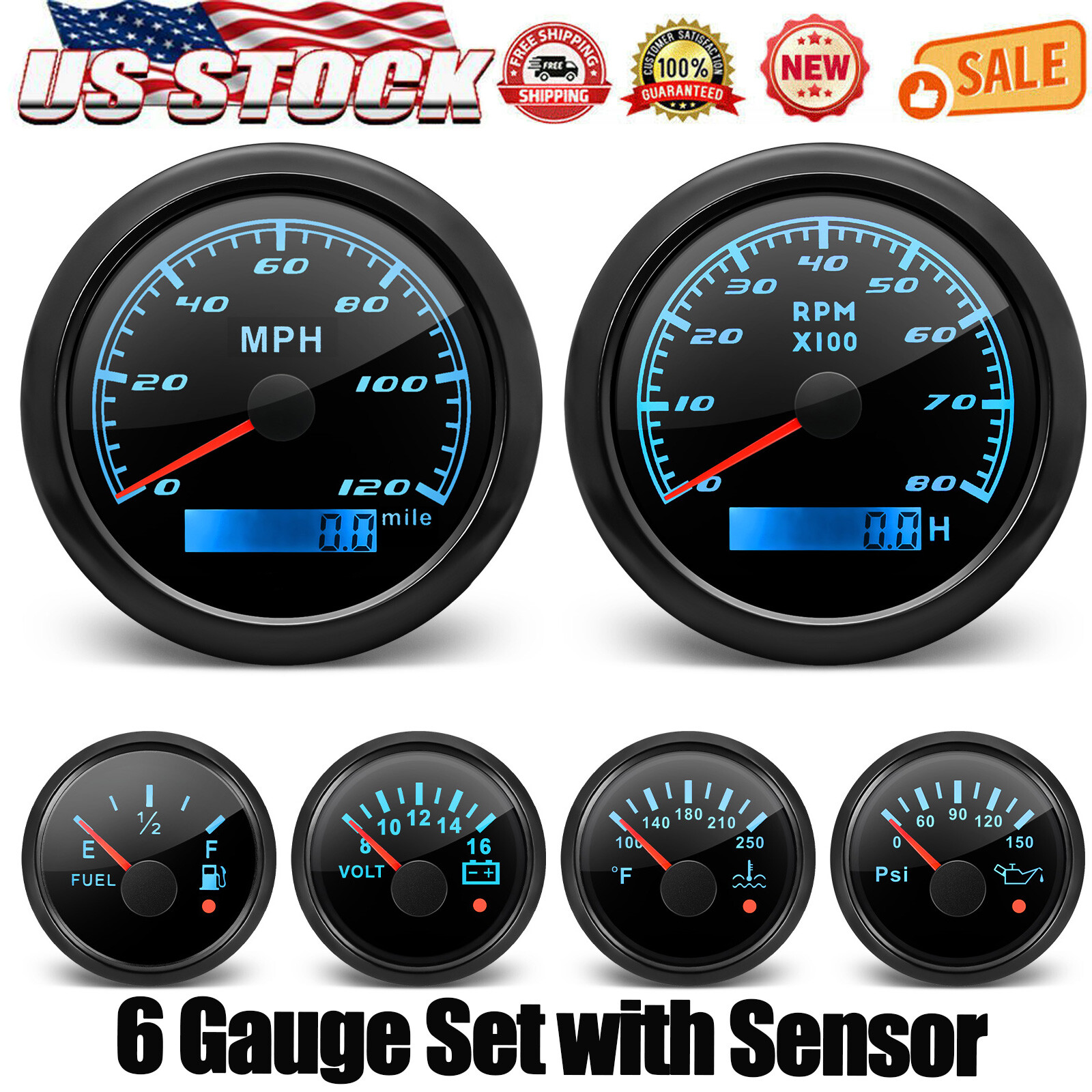 6 Gauge Set 85mm GPS Speedometer 120MPH&Tacho 8000RPM&52MM Fuel/Oil/Temp/Volt US