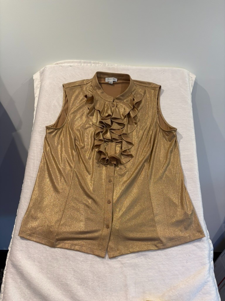 Tahari Arthur S Levine Gold Metallic Ruffle Front Sleeveless Blouse Top Womens X Tahari Arthur S Levine Gold Metallic Ruffle Front Sleeveless Blouse Top Womens X
