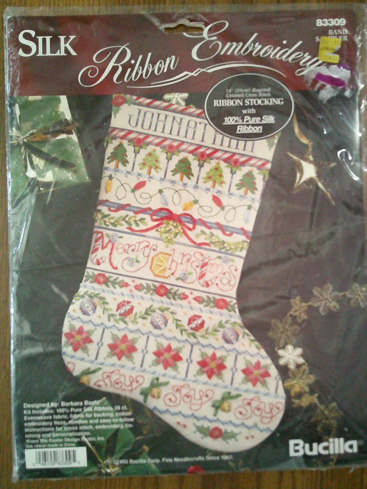 1995 Bucilla Silk Ribbon Embroidery Christmas Stocking Kit #83309 BAND SAMPLER