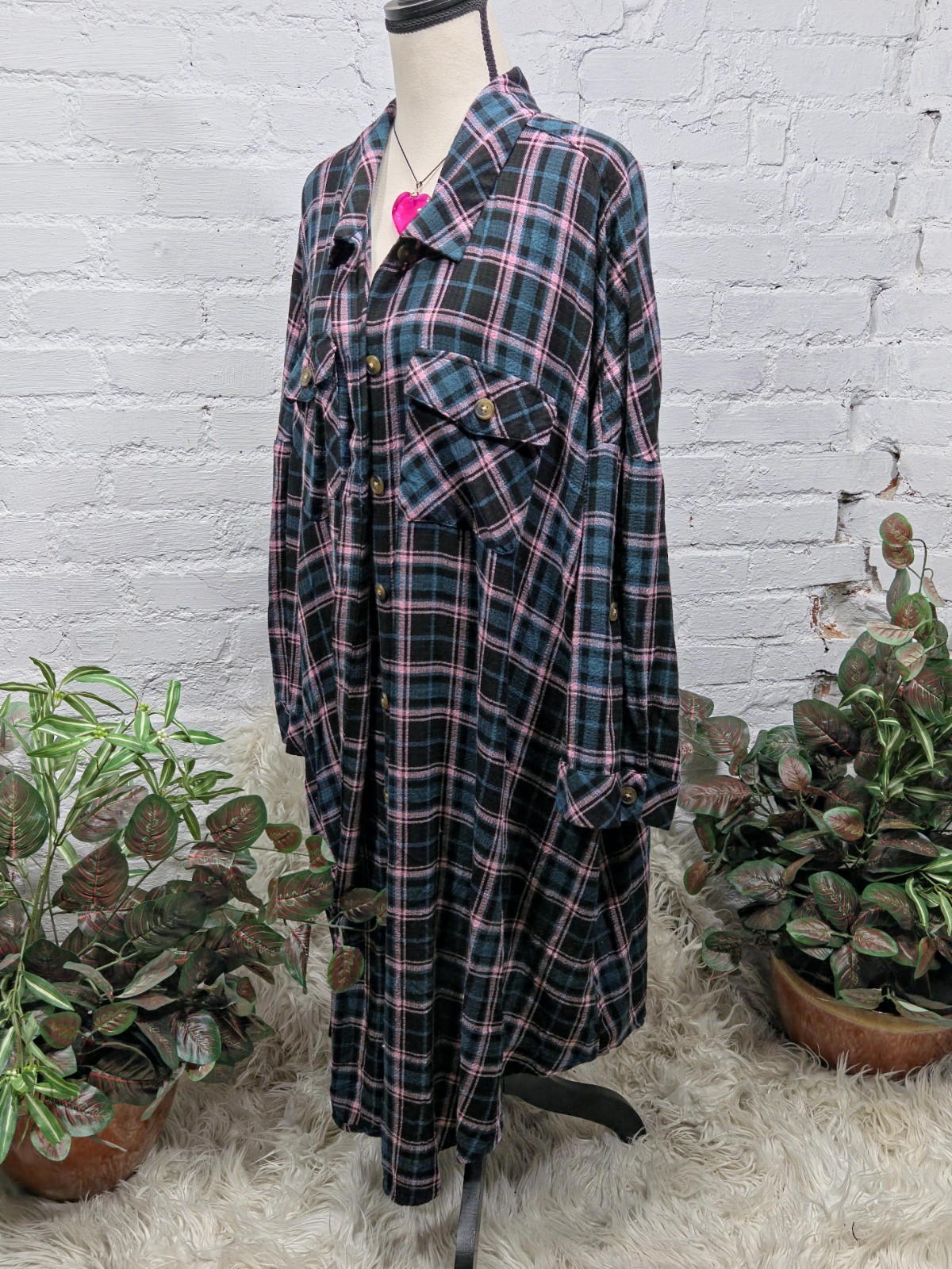 Torrid Pink Green Plaid Open Front Long Boho Duster 5X NWT