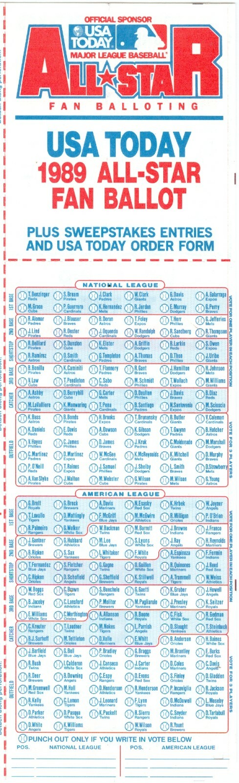 1989 MLB Baseball All-Star Game Ballot Unused