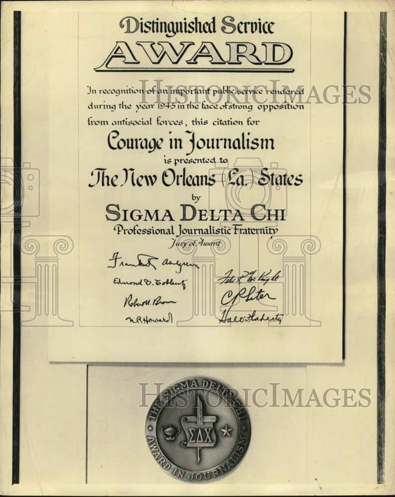 1949 Press Photo Journalism award presented to The New Orleans La. States