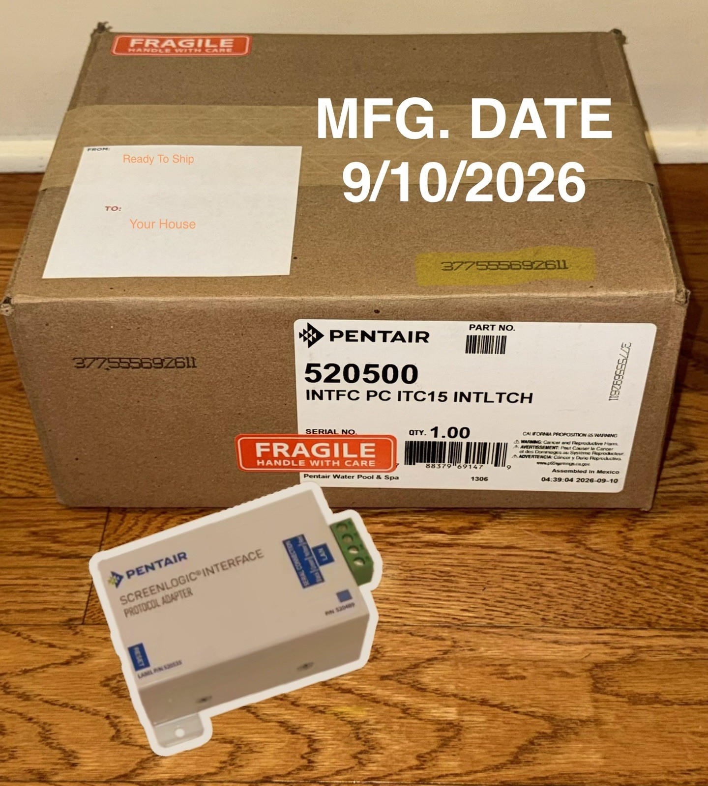 Pentair 520500 ScreenLogic Protocol Adapter MFG. DATE 9/10/2026 Ver. 5.2.738