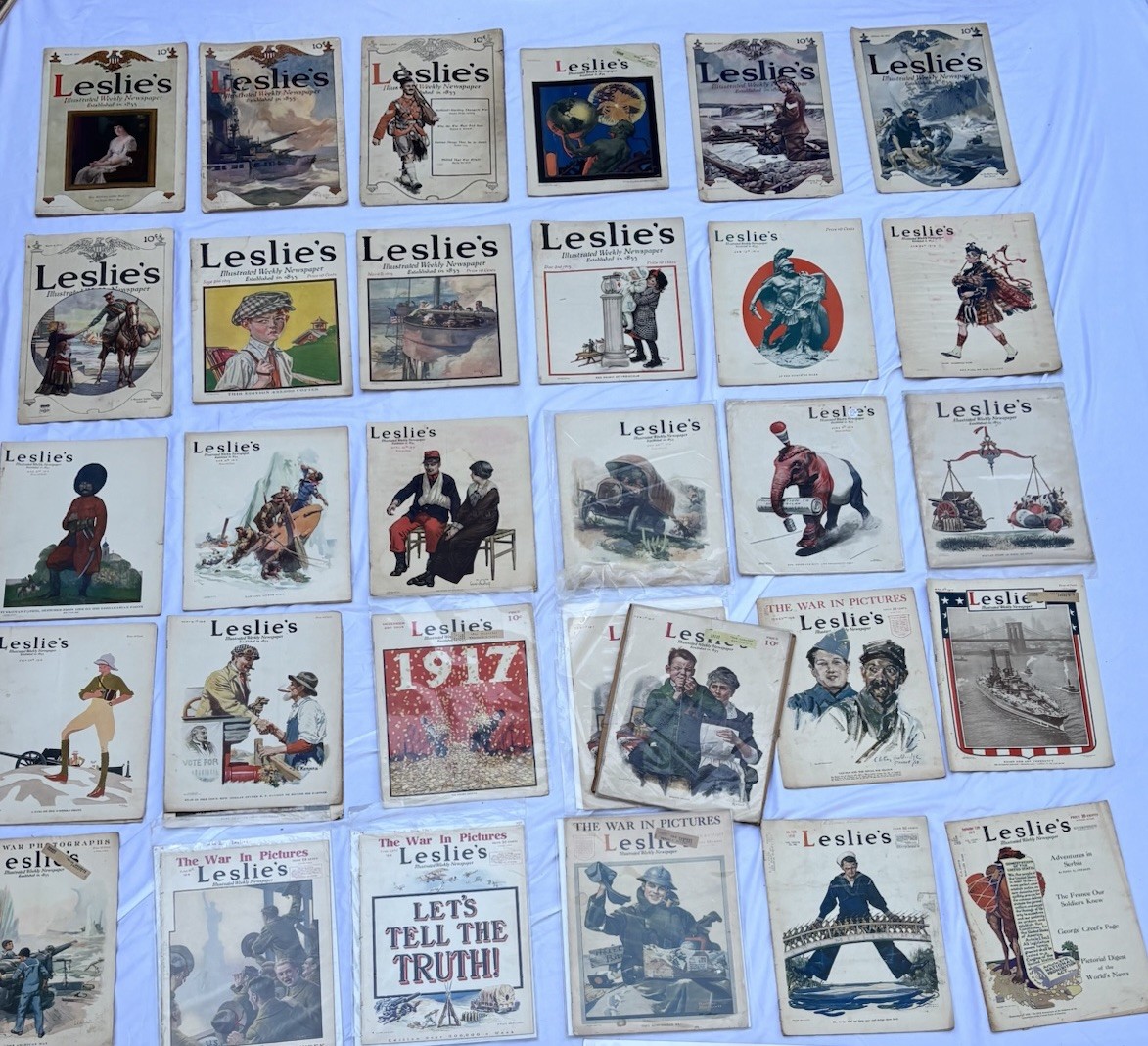 HUGE LOT OF 32 1910’s Leslie’s Weekly Magazine WWI 1915 - 1919