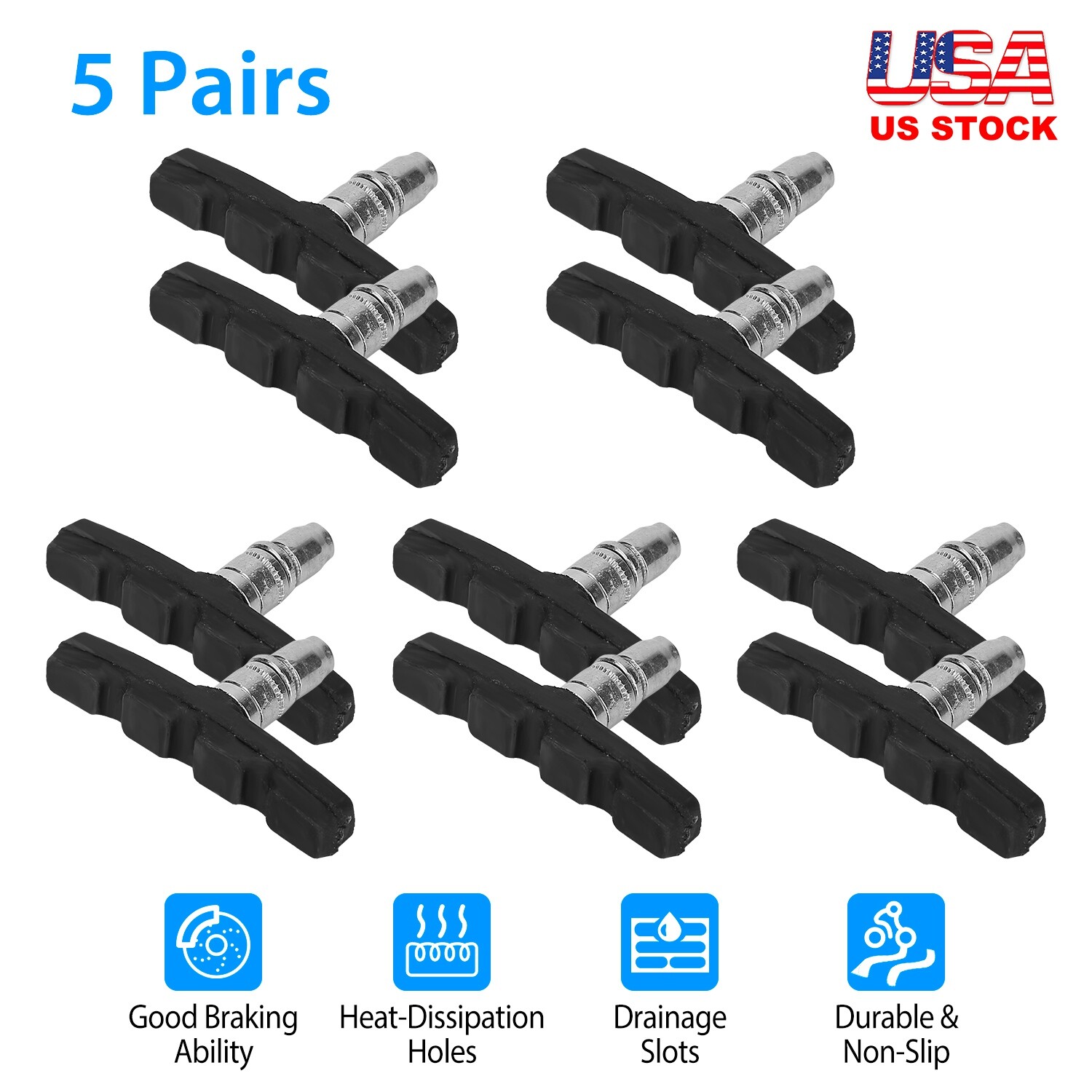 5 Pairs High Grade Cycling Bicycle Bike V Brake Pads 70mm Non-Slip Pads