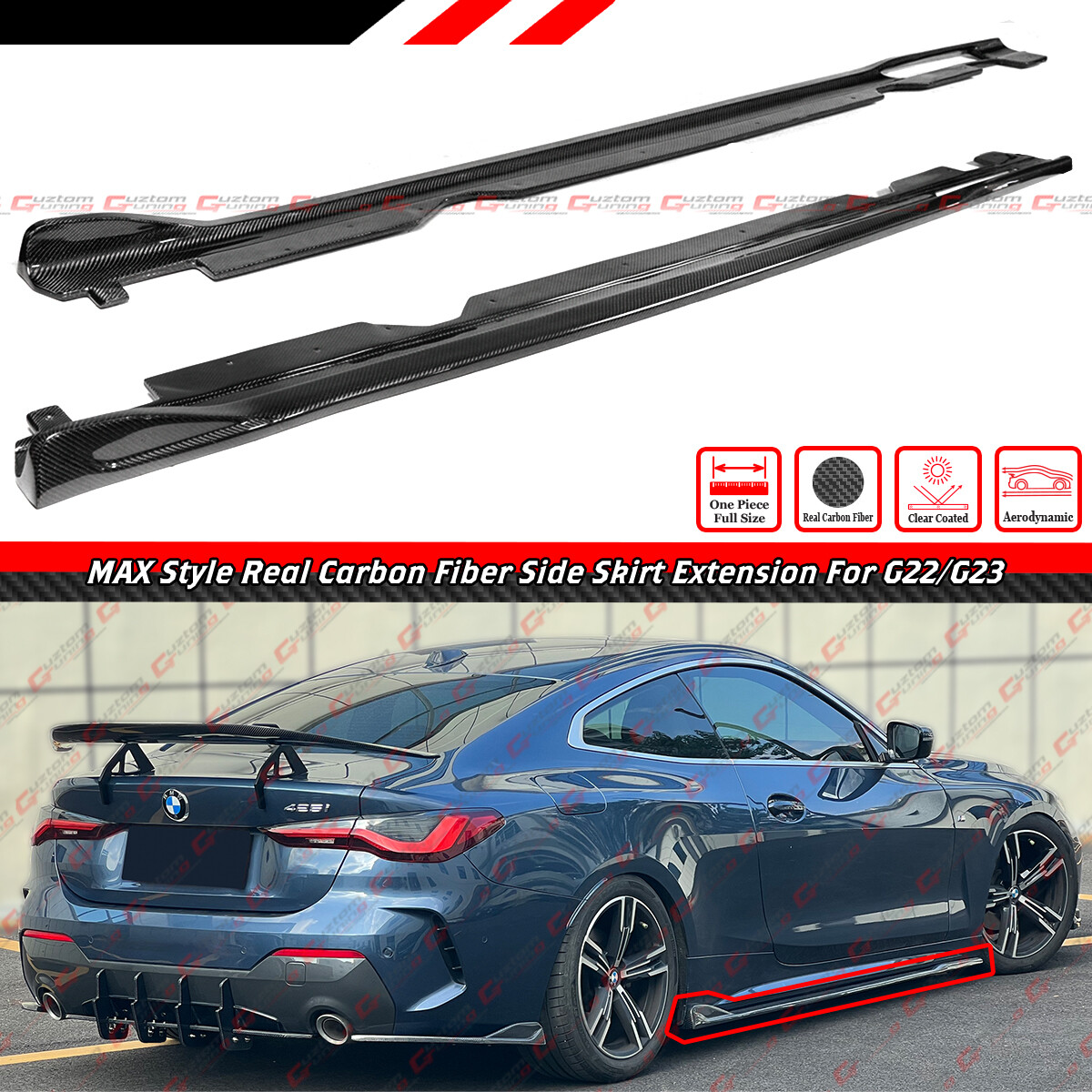 For 21-26 BMW G22 G23 430i M440i 2dr MAX Style Carbon Fiber Side Skirt Extension