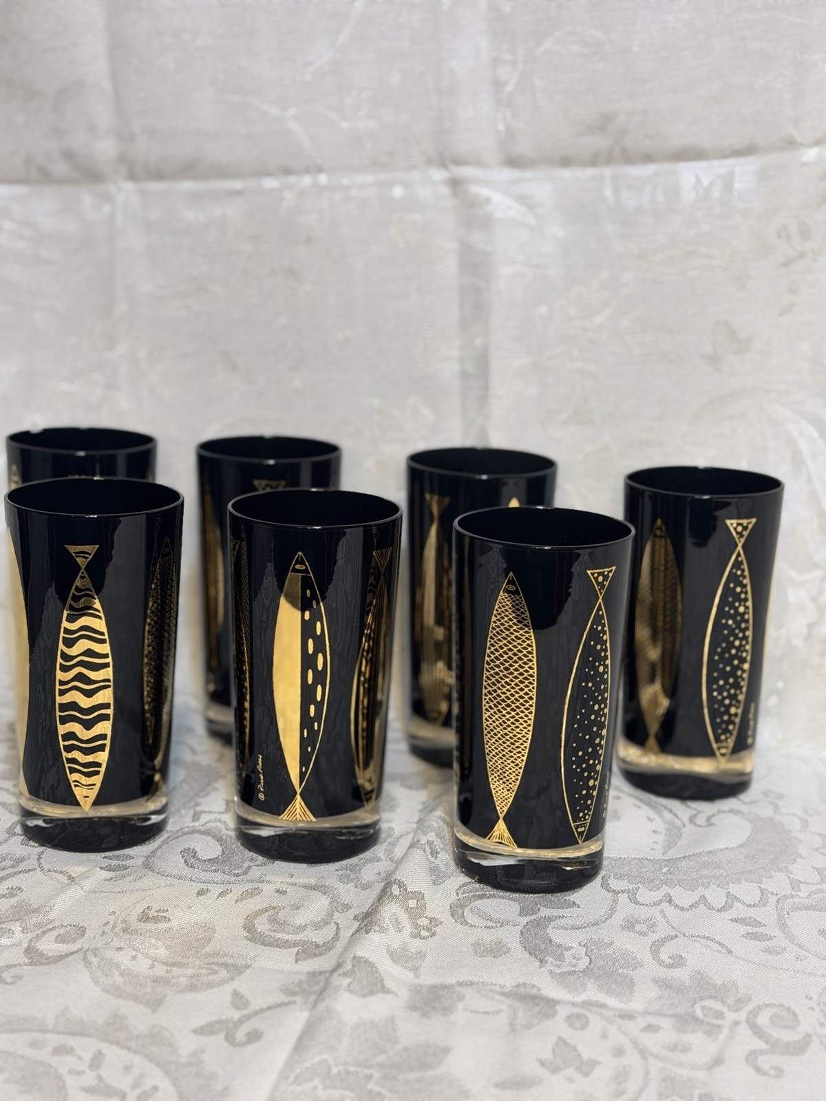Vtg Fred Press Black Fish 22K Gold Highball Glasses Set of 7  Barware